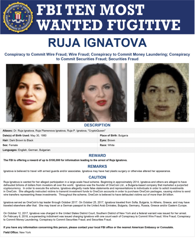 Ruja Ignatova on FBI Ten Most Wanted List. Source: CNN